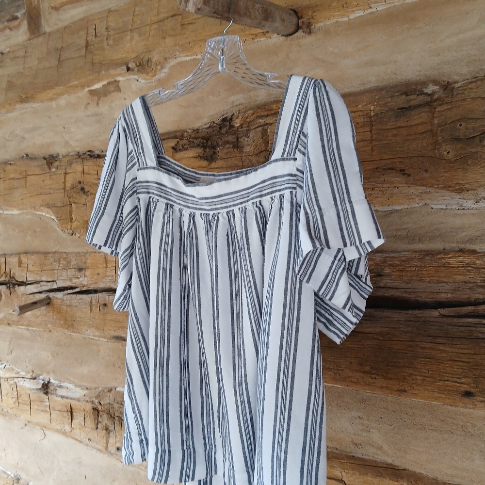 LOFT Black & White Striped Flutter Sleeve Blouse XL - Picture 4 of 8